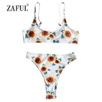 

ZAFUL Sunflower Bikini Knot Swimwear Women High Waist Swimsuit Sexy Spaghetti Straps Padded Bathing Suit maillot de bain femme
