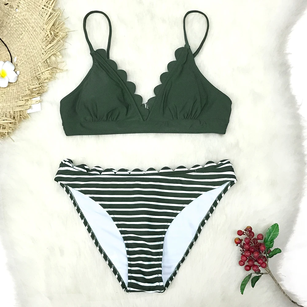 Preise CUPSHE Nette Grüne Scalloped Bikini Sets 2020 Frauen Solide Zwei Stück Strand Badeanzüge Bademode