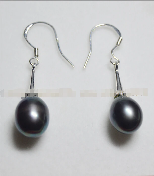 

9-10MM REAL NATURAL BLACK TAHITIAN PEARL DANGLE DROP EARRING SILVER HOOK AAA