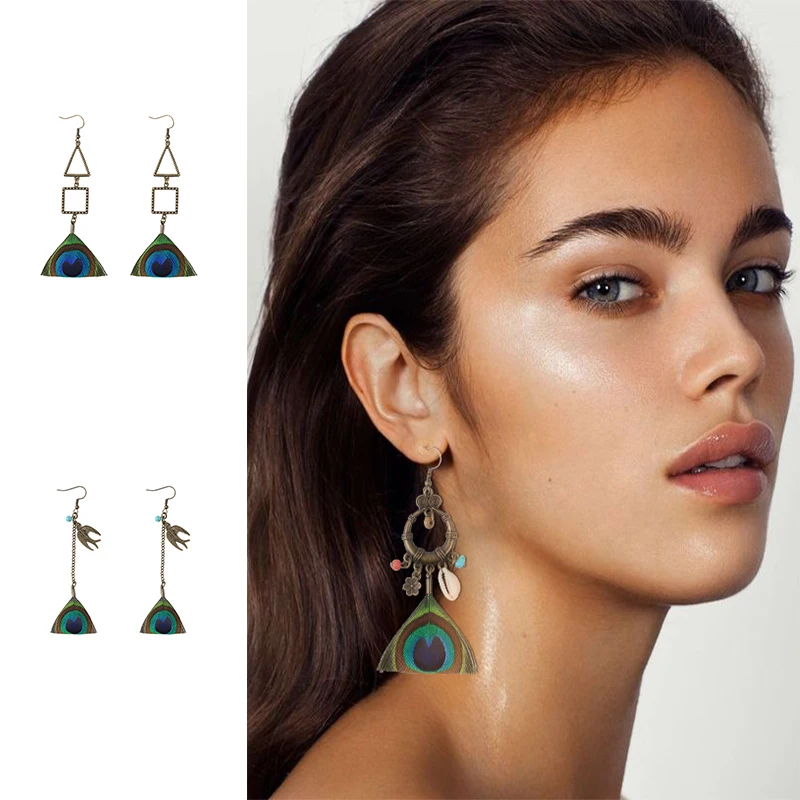

Bohemian Feather hang Earrings Vintage bronze dangle 2019 Anniversary Party ethnic drop Earrings Boho Jewelry Women accessories