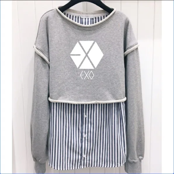 

Korean EXO stripe splice long-sleeved streetwear hoodies women casual clothes kpop BLACKPINK fashion Fake two pieces sweatshirt