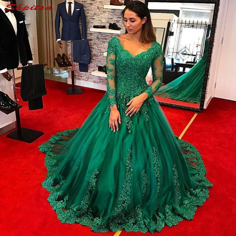 

Green Lace Mother of the Bride Dresses for Weddings Long Sleeve Ball Gown Evening Groom Godmother Dresses