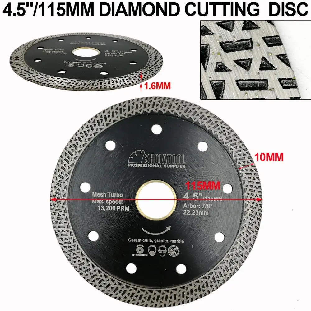 SHDIATOOL 5 pks Diameter 4.5"/115mm Diamond Blade Hot-pressed Sintered Cutting Disc Mesh Turbo Blade Rim Segment SawBlade Wheel