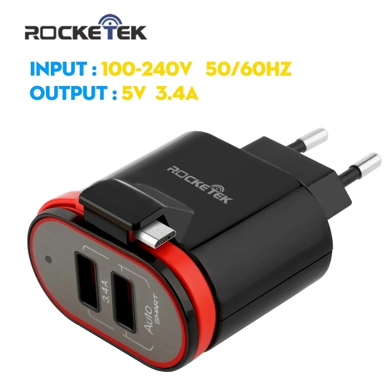 Rocketek 5 V 3.4A 2-ميناء الذكية شاحن USB للسفر محول المحمولة الاتحاد الأوروبي التوصيل الهاتف المحمول شاحن آيفون سامسونج Xiaomi