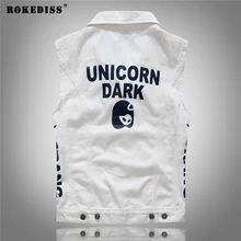 ROKEDISS Vintage Design Men’s Denim Vest Male Slim Fit Sleeveless Jackets Men Hole Jeans 2017 fashion printing denim Vests W099