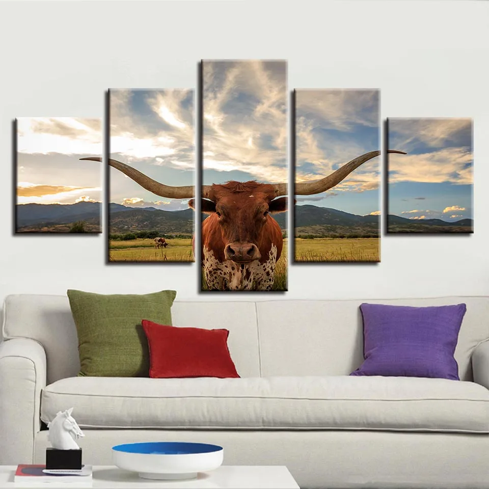 

Art Paintings Framework Modular Poster 5 Pieces Animals Bull Nutural Landscape Canvas Pictures Living Room Wall Decor HD Prints