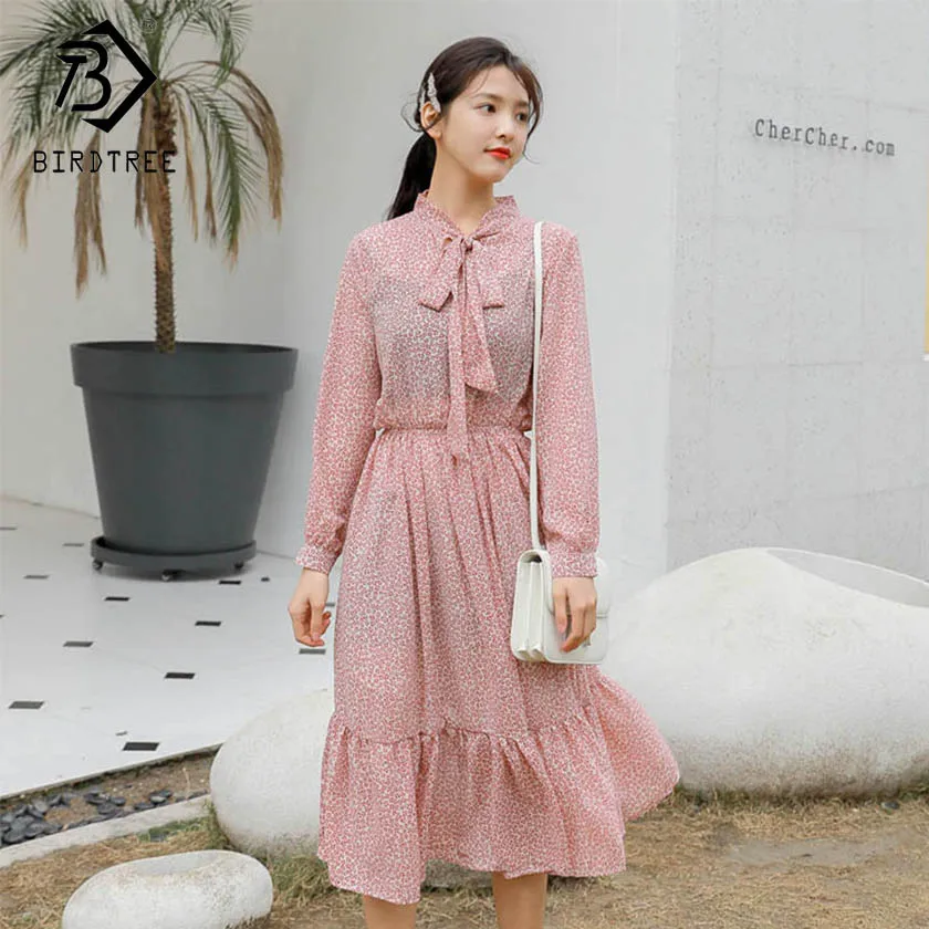 

New Spring Women Print Lace Up Bow Ruffles Dress Stand Collar Long Sleeve Elegance High Elastic Waist Casual Mid Dress D91427I