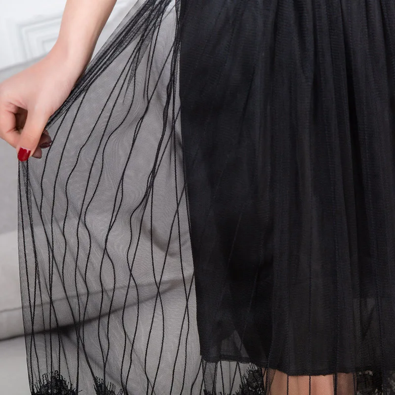 Женские юбки трапециевидной формы, Летняя Сексуальная кружевная сетчатая юбка средней длины, Женская Винтажная летняя эластичная черная плиссированная юбка с высокой талией для женщин