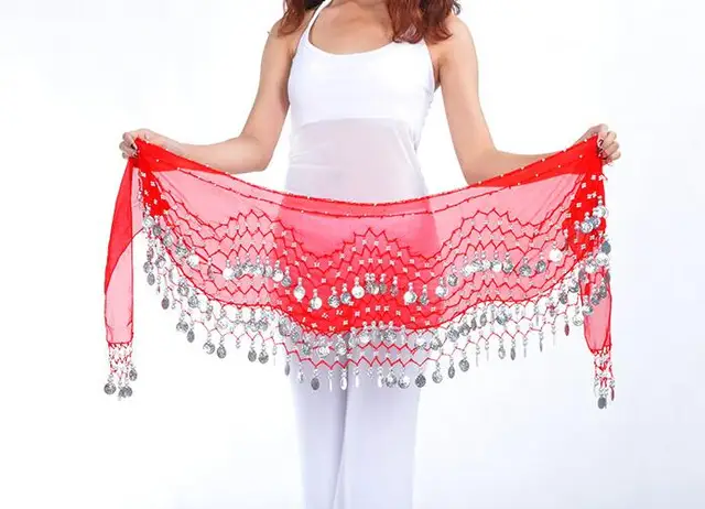 1pcs resell Egypt belly dance stage wear 128 golden/silver coins hip wraps scarf  waist belt 12 colors Red