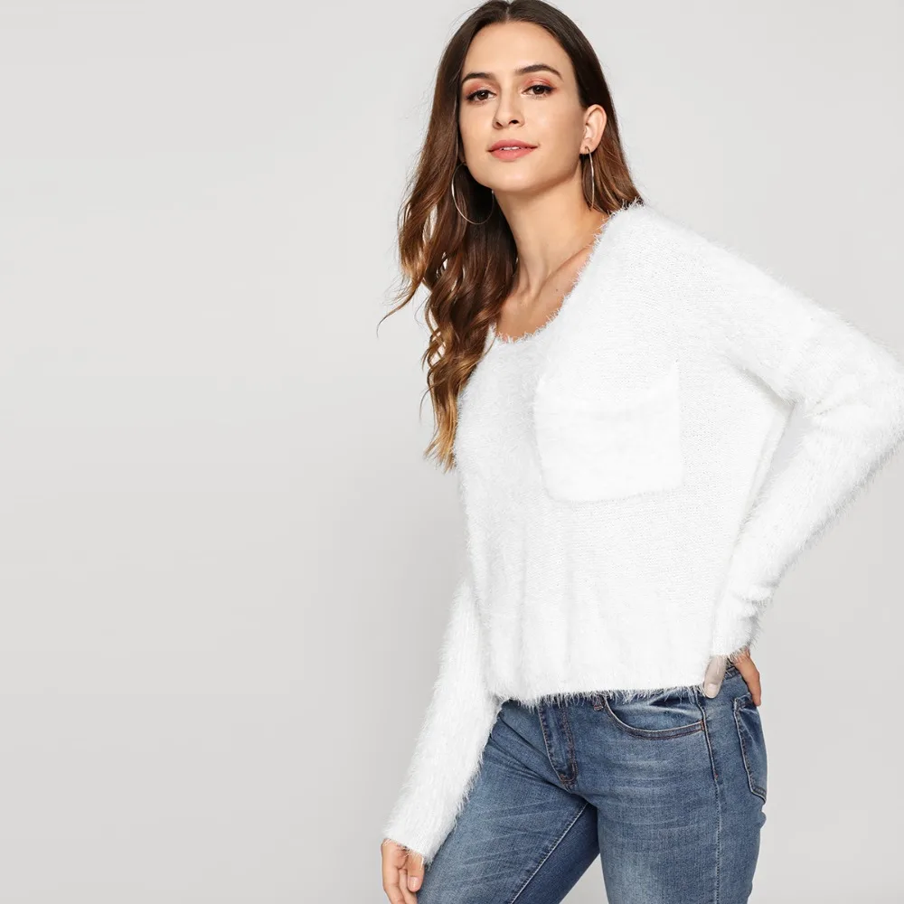 COLROVIE женский белый укороченный свитер с одним карманом спереди, осень, однотонный Повседневный свободный свитер, объемные пуловеры, джемпер