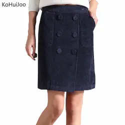 KoHuiJoo S-9XL 2019 Осень Зима плюс размеры короткие Вельветовая юбка для женщин двубортный Кнопка повседневное юбки карандаши цвет: черн
