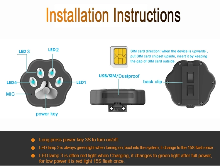 Pet Location Tracker with Quad GPS WIFI LBS GPRS Mode 4 LED Flashlight in Night Free APP Cloud Storage for Track Data Playback_F14