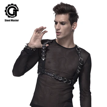 

2019 Steampunk Collar Strap PU Leather Wrapped Black Sexy Men's Shirt Suit Personality Rivet Vest Accessories Vest　