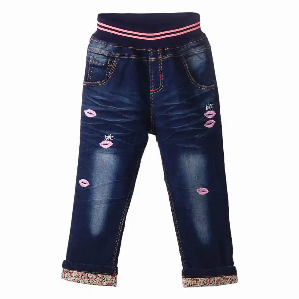 Pettigirl Retail Casual Girls Elastic Waist Pants Pink Lips Print Denim