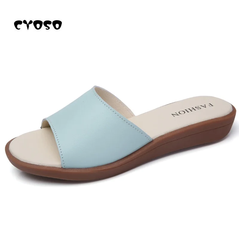 

2017 Summer New Women Slippers Korean Casual Leather Flat Slides Simple Anti-skid Beach Shoes
