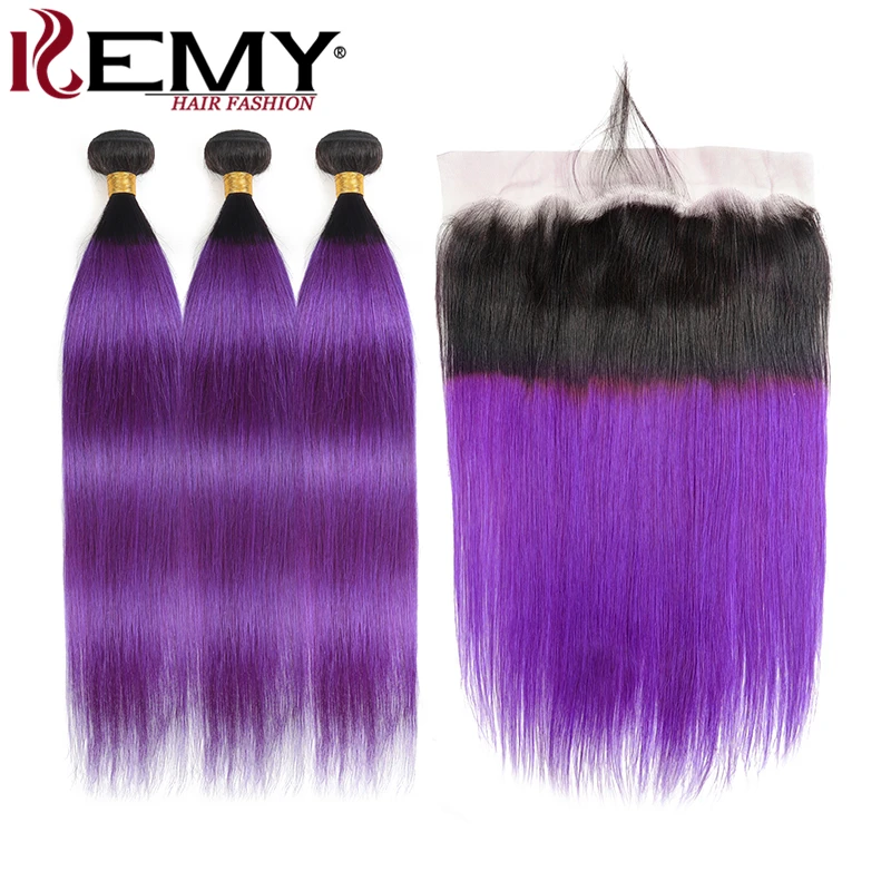 Ombre Фиолетовый 100% бразильские прямые человеческие волосы пучки с фронтальным kemy Hair не Реми волосы ткать пучки 3 шт. плетение волос