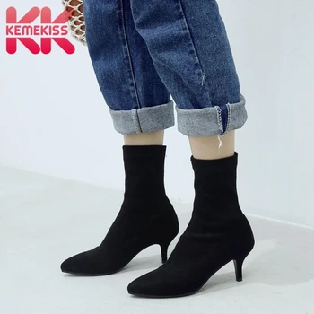 

KemeKiss Women Flock High Heel Boots Pointed Toe Slip On Mid Calf Boots Winter Stretch Boots Shoes Women Footwear Size 33-43