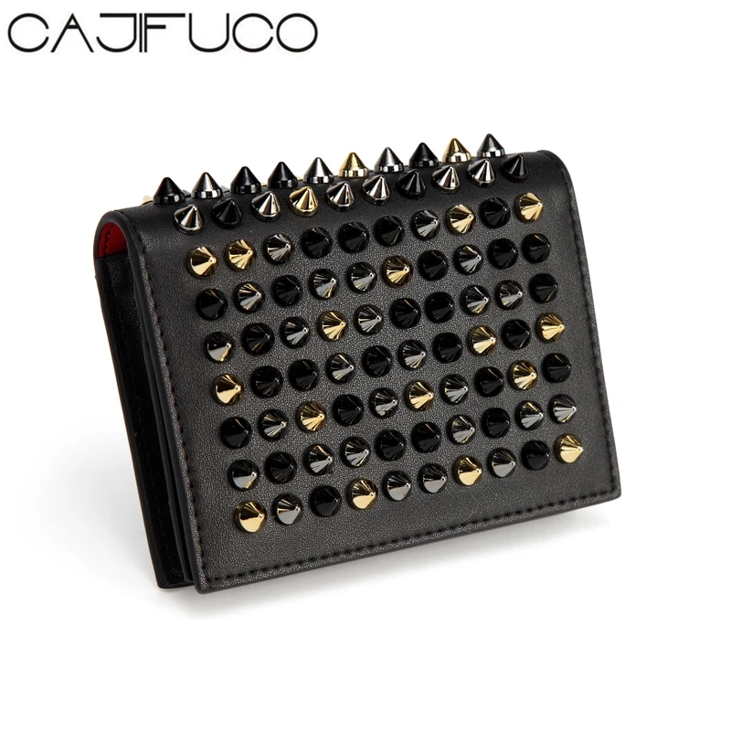 CAJIFUCO Women Metal Gun Black Stud Wallet Rivet Credit Card Holder Studded Porte Carte Genuine ...