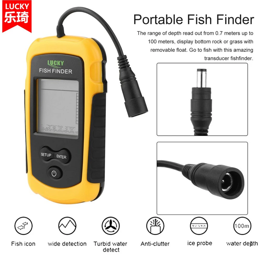 

Lucky Portable Fish Finder Sonar Sounder Alarm Transducer Fishfinder 0.7-100m Fishing Echo Sounder with English Display