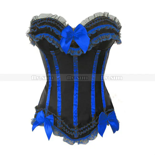 Black + Royal Blue Overbust Trimmed Corset Top With Padded Cup Lace Up