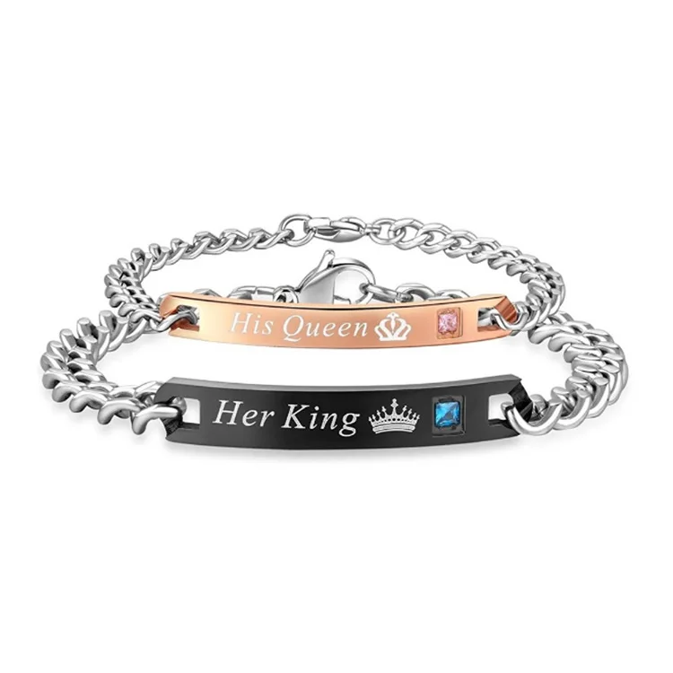 

DIY Lovers Bracelet His Queen Her King Her Beast His Beauty Stainless Steel Rhinestone Crown Charm Couple Bracelet Gift