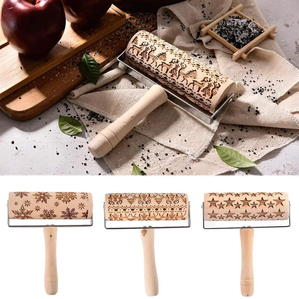 

Christmas Embossing Rolling Pin Baking Cookies Noodle Biscuit Fondant Cake Dough Engraved Roller Reindeer Snowflake