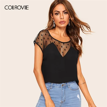 

COLROVIE Black Sheer Dobby Mesh Tunic Elegant Top Women Blouse Shirt 2019 Summer Workwear Sexy Shirts Office Ladies Blouses