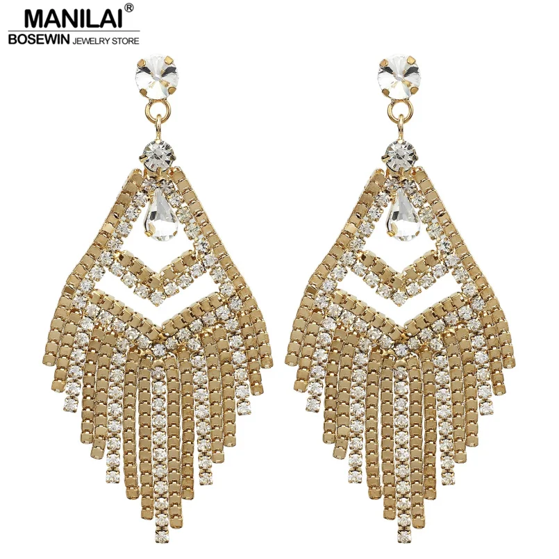 

MANILAI Gold-Color Long Chain Tassel Drop Earrings Rhinestone Charm Crystal Statement Dangle Earrings For Women Big Jewelry