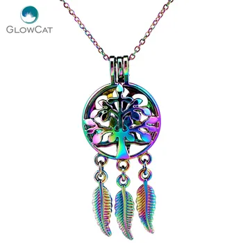 

C719 COLORS Dream Catcher Tree Beaty leaf Cage Pendant Aroma Essential Oil Diffuser Locket Necklace