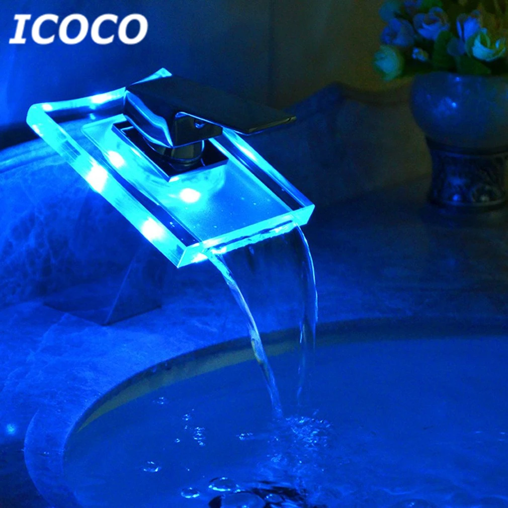 ICOCO Температура индуцированной обесцвечивание Ванная комната туалет смеситель светодиодный свет бассейна раковина кран Одной ручкой