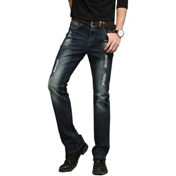 

New Ripped Boot Cut Deep Blue Black Male Jeans Classic Stretch Pants Men Denim Size 28-38