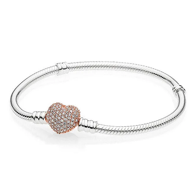 

925 Sterling Silver Rose Gold Moments Pave Heart Clasp With Crystal Pandora Bangle & Bracelet Fit Women Charm Diy Jewelry