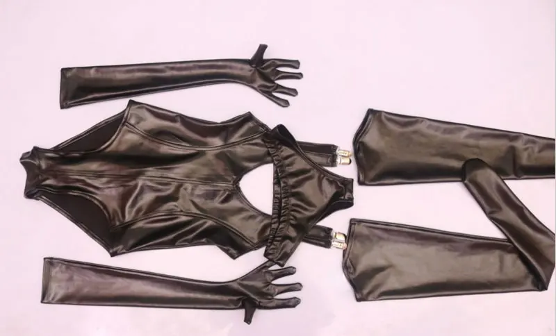 MEISE аниме Косплэй ПВХ блестящий бандаж боди горничной черный Терка комбинезон с перчатки чулки для женщин Эротическое белье для Для женщин 4 шт./компл