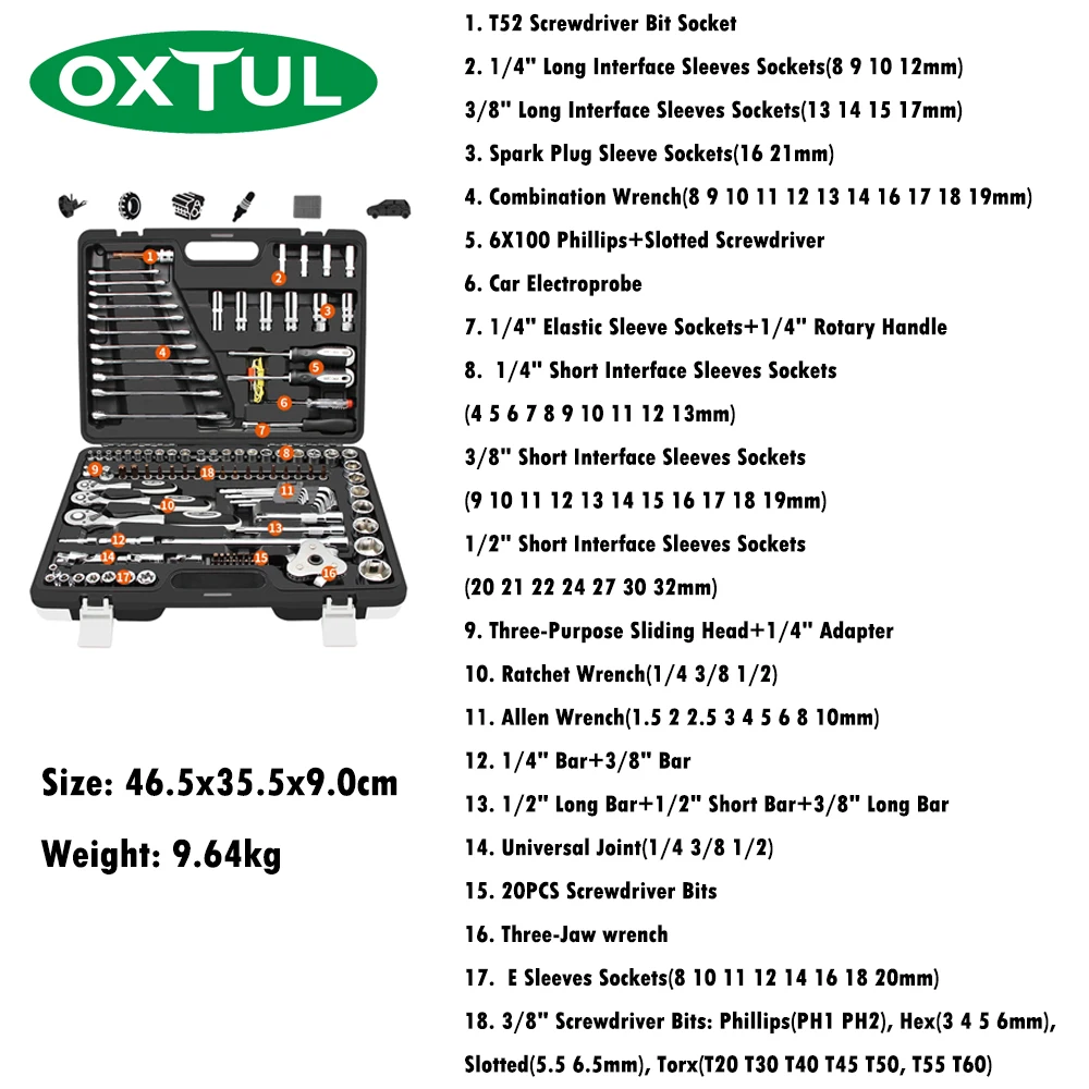 OXTUL 123 шт Профессиональные механические инструменты для ремонта автомобиля набор торцевых гаечных ключей трещотка отвертка Бытовая CR-V Сталь Ручной инструмент