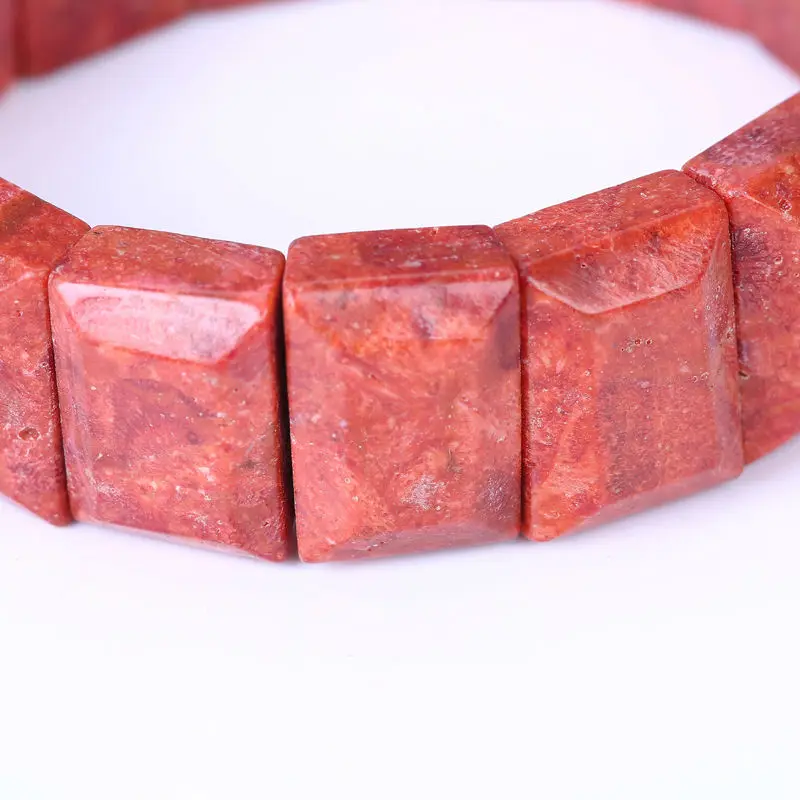 Классический каменный браслет, красный коралл, браслет из бисера прямоугольной формы, Коралловая бусина, растягивающийся браслет, Энергетический Браслет