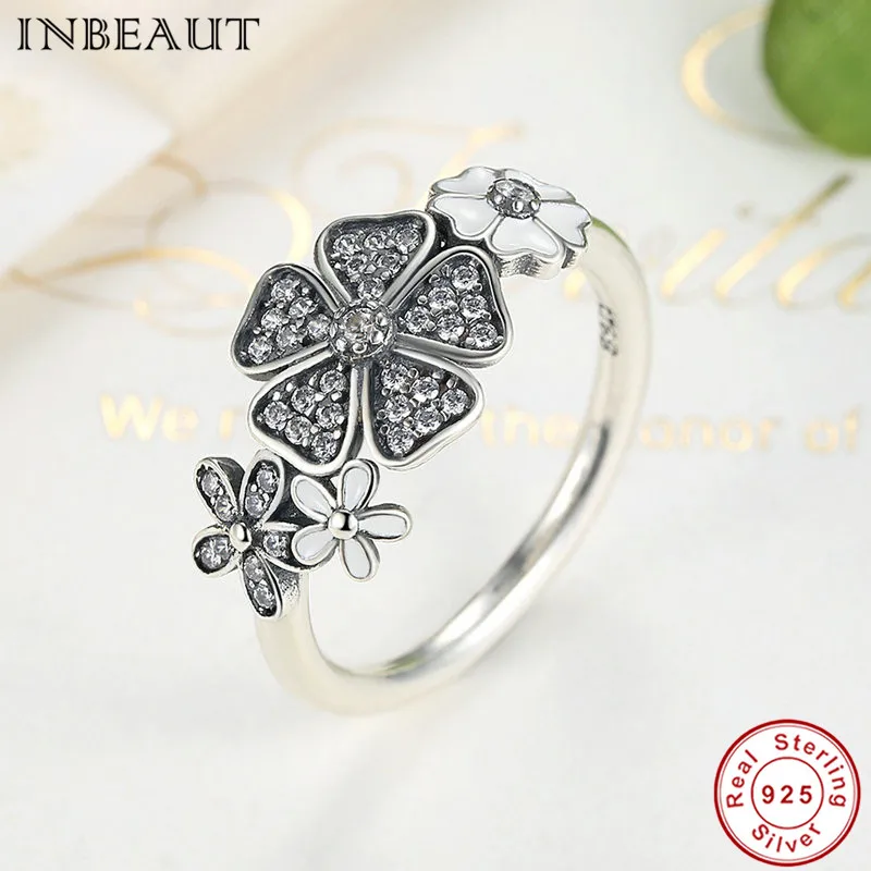 INBEAUT Twinkling 925 Silver Bouquet Enamel Ring Cherry Blossom Mosaic Zirconium Daisy Personalized Wedding Rings Women Jewelry