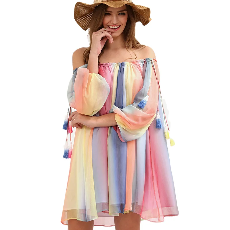 

Summer Boho Multicolor Off Shoulder Tassel Chiffon Robe Sexy Dress Long Sleeve Loose Women Mini Dresese Vestidos Elegant 2017