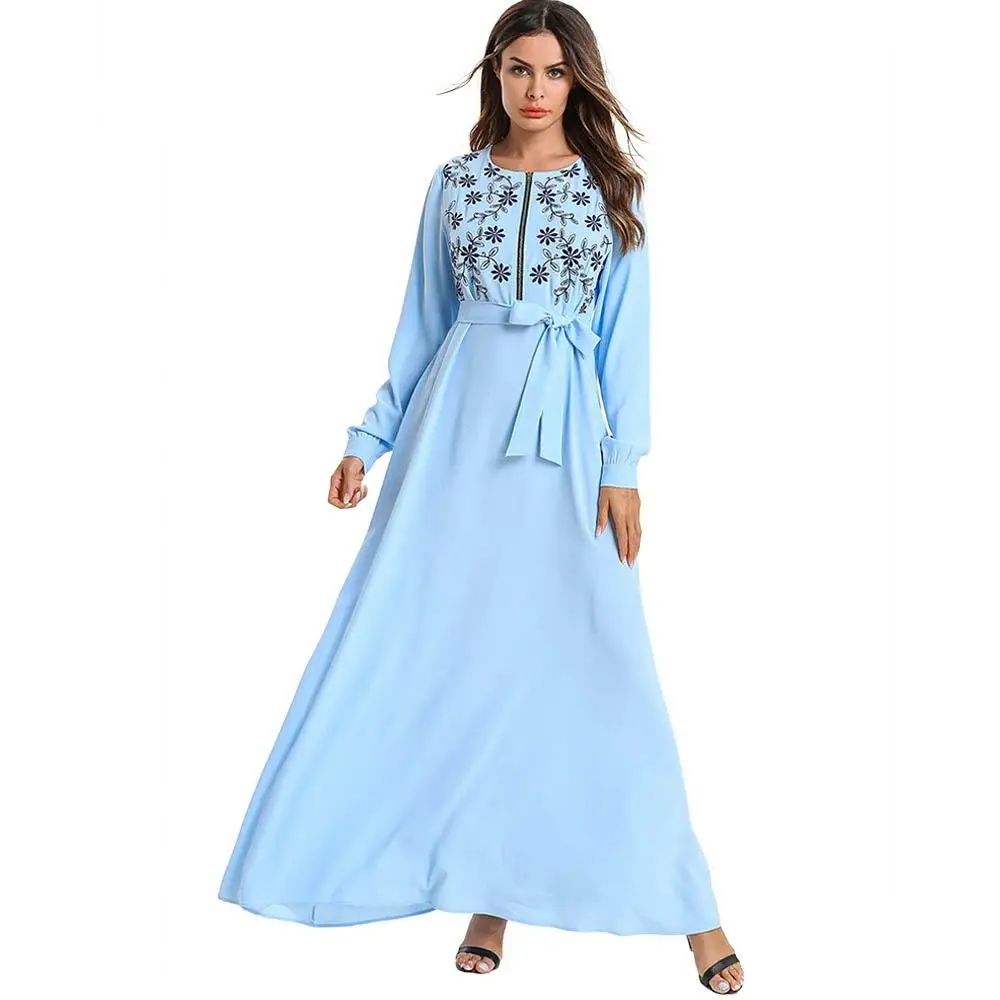 Мусульманское женское длинное Макси платье с вышивкой, халат абайя, на молнии, для кормления грудью, Исламская одежда Рамадан, Дубай, кафтан с поясом, мода
