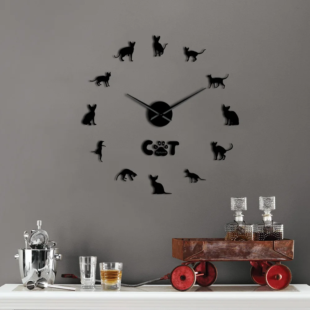 

Cute Sphyn Cats Mirror Effect DIY Wall Art Big Needles Clock Modern Design Silent Living Study Room Decoration Clock 3D Hanging