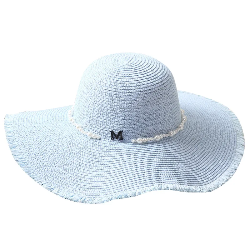 light blue unique seaside resort big eaves straw hat cap summer sun foldable large brimmed beach straw women girls tide