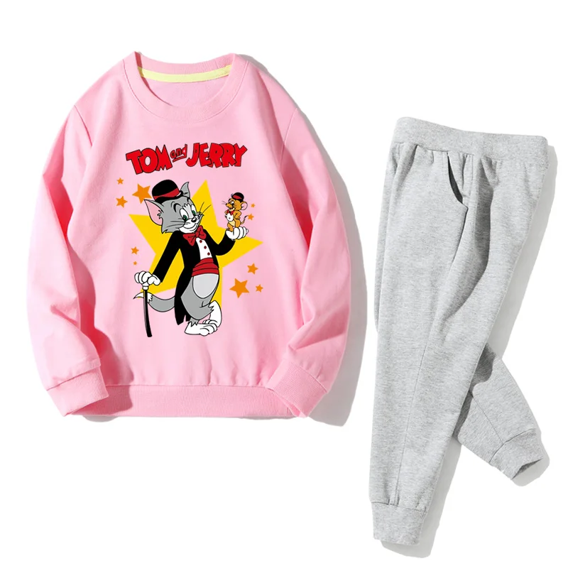 Весенне-осенние спортивные костюмы для мальчиков, толстовки+ штаны, комплект одежды из 2 предметов для девочек, хлопковые комплекты одежды с героями мультфильмов «Том и Джерри», JZ064 - Цвет: Pink Set