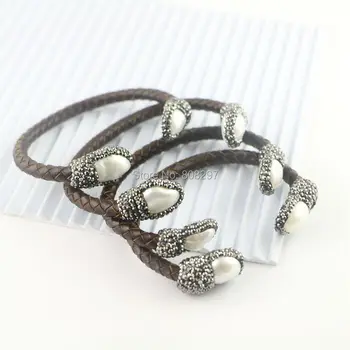 

5Pcs Natural Freshwater Pearl Bangle Bracelet, With Pave Crystal Zircon Leather Cord Bracelets, Jewelry Making