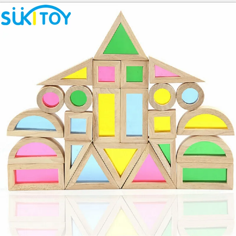Cena Montessori drewniane Rainbow klocki 24 sztuk zabawki dla dzieci 6 kształt 4 przezroczyste kolory Brinquedo Oyuncak Brinquedos 50
