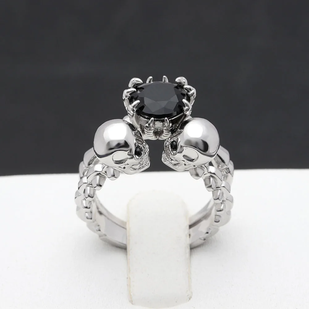 Мужская двойное кольцо черепа комплекты родием Принцесса cut 6 мм черный циркон Для женщин обручальное кольцо панк ювелирные изделия Размеры 6-10
