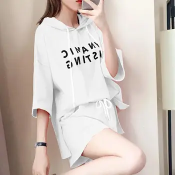 

Drawstring Shorts Two-Piece Female Suit Women's Set Letter Print Hooded Short-sleeved Tops+