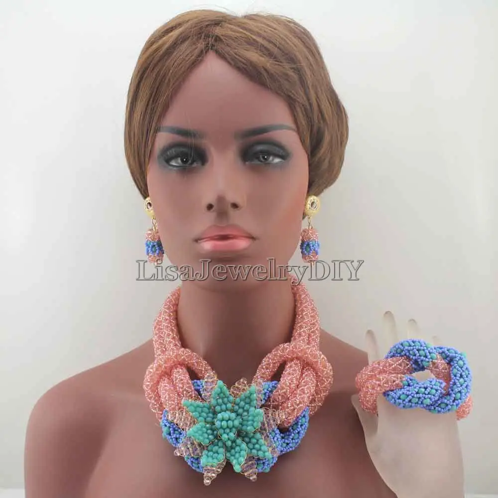 

Charms African PinkLake Blue Beads Jewelry Sets for Women Mix Flower Crystal Floral Statement Necklace Set Free Shpping HD8048