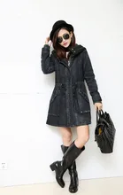 Female 2014 Winter New Hooded Thick Padded Denim Jacket Long Zipper Thick Warm Cotton-Padded Stitching Denim Coat Outwear A1464