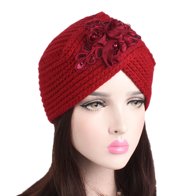 Muslim Vintage Winter Hat Warm Knit Cap Print Flower Beanie Sleep Chemo Turban Headwear Cancer Patients