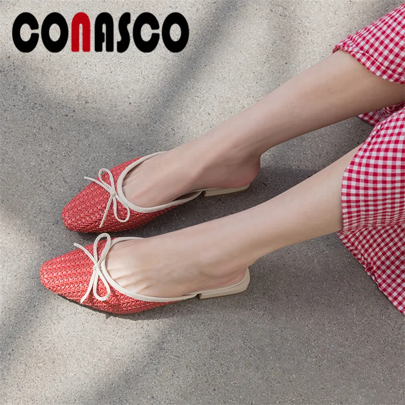 

CONASCO 2019 Summer New Vintage Pointed Toe Shallow Women Pumps Butterfly Knot Mules Slip On Sandals Casual Party Shoes Woman