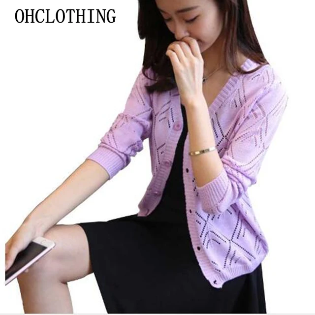 18 new women's Korean long sleeved knit cardigan collar hollow V simple air conditioning shirt female coat F1844 1